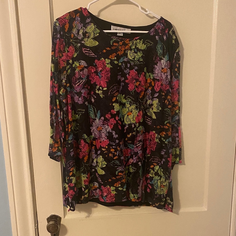 Caroline Rose Black Floral Scoop Neck Long Sleeve Tee